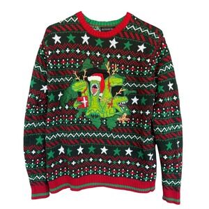 Blizzard Bay Sweater Mens Small Green Dinosaur Ugly Christmas Fair Isle Knit